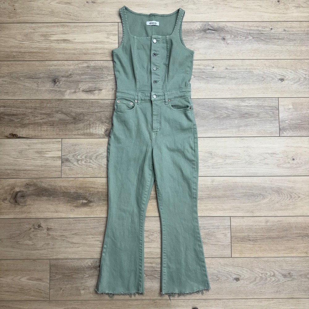 Etica Ivy Crop Kick Flare Jumpsuit Sage Green‎ Button Front Raw Hem Ethical